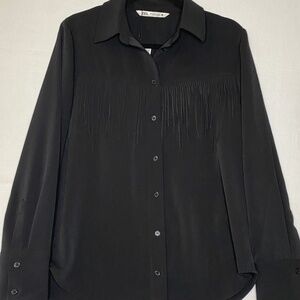 Zara Black Blouse / Long Sleeved Top with Fringe Size M New